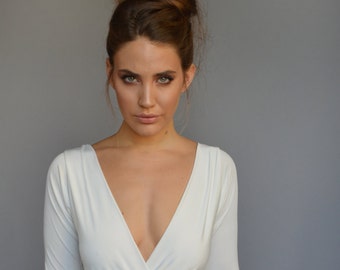 Simple white dress floor length, boho wedding dress, long sleeve wedding dress, comfortable wedding dress