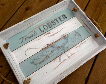 Wood Tray, Wood Crate Tray, Wood Serving Tray, Distressed Wood Tray, Nautical Tray, New England Decor, Beach House Decor, Lobster Tray, Chic