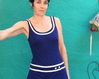 Vintage 1950s Navy Blue Skirted Pinup Bathing Suit Dress Swimsuit swim