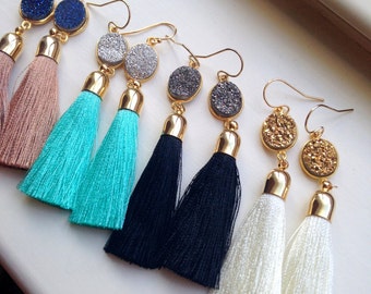 Gold Tassel Earrings Druzy Jewelry Drusy Earrings, Gold Druzy Earrings, Tassel Jewelry, Valentines Day Gift, Fringe Earrings