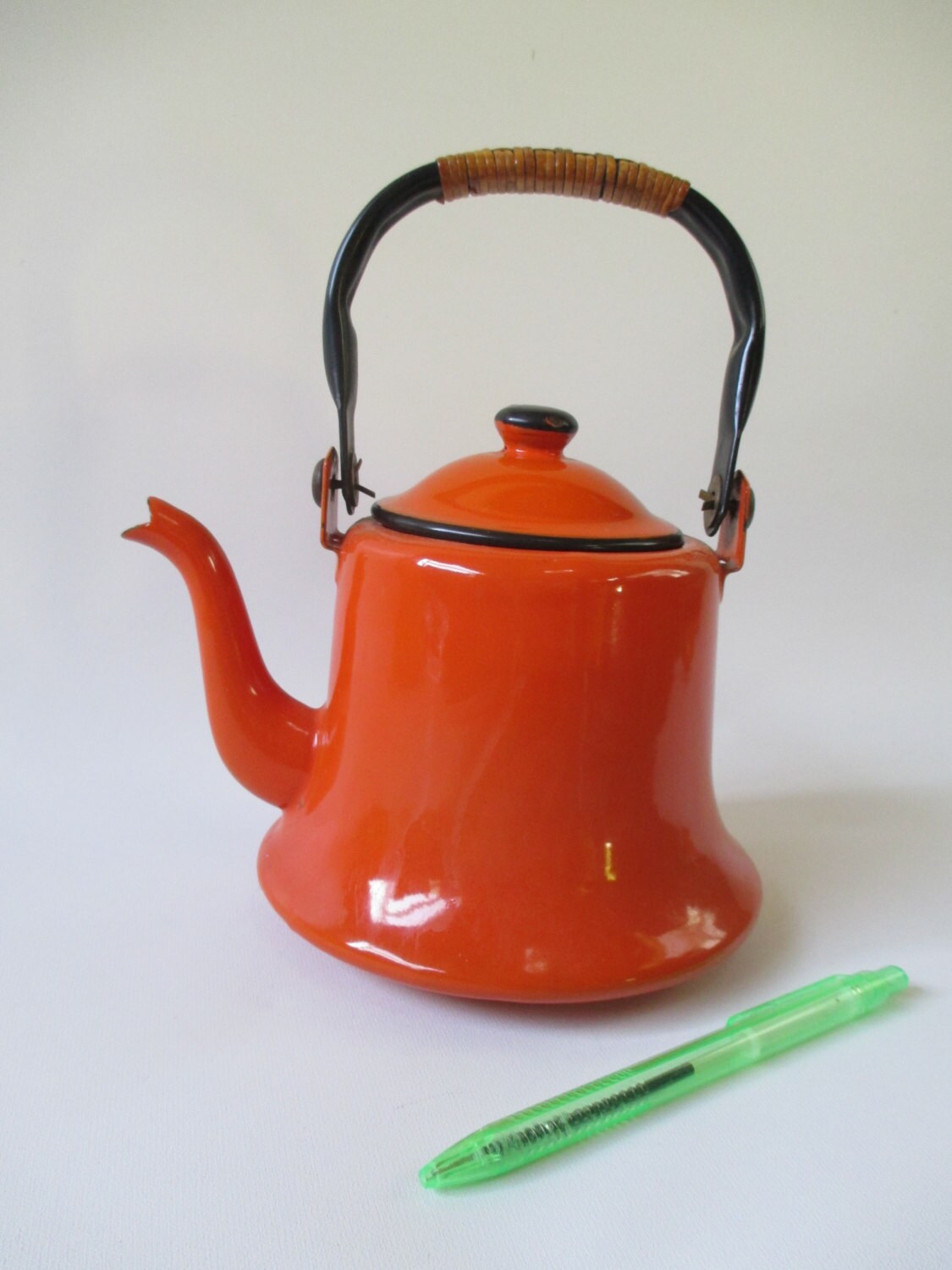 SALE 30 OFF Tea Kettle Vintage Orange and Black Enamel 1