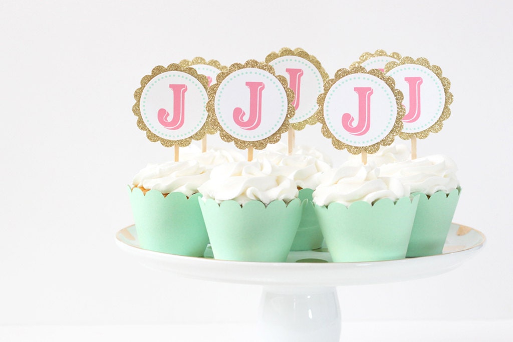 Gold Glitter Letter Cupcake Toppers Mint Pink Coral Party