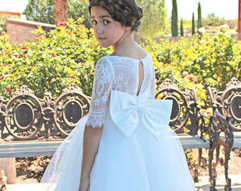 Long Mid sleeve lace, tulle wedding flower girl dress with big bow LS010