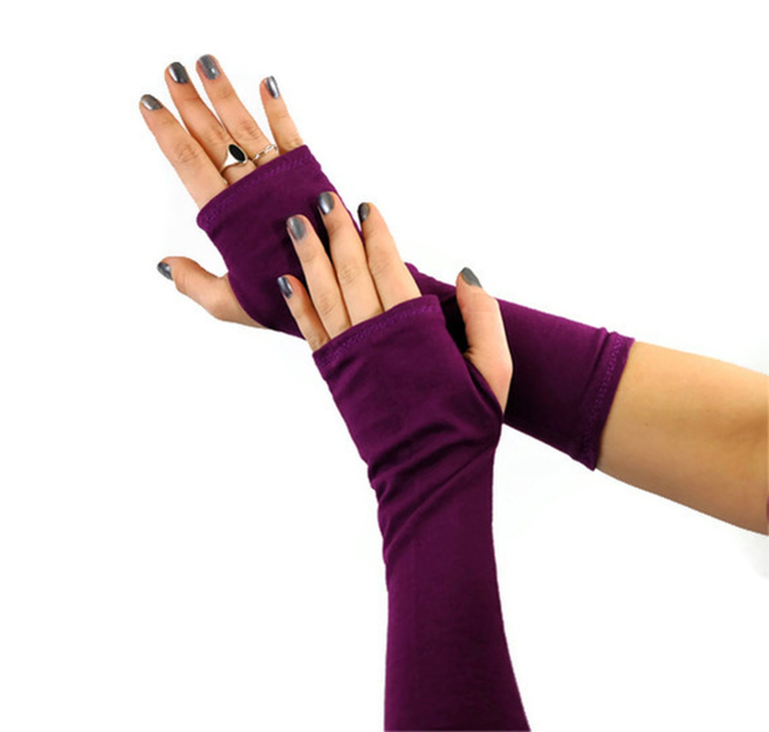 Fingerless Gloves Purple Aubergine Wrist Arm Warmers Long 2140