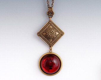 Crimson Red Glass Necklace, Crimson Glass Jewelry, Nickel Free Brass Jewelry, Scarlet Red Pendant Necklace, Hypoallergenic Red Jewelry Ephah