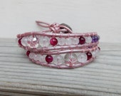 Sakura Bracelet/ Handmade Leather Wrap Layer Jewelry/ Cherry Blossom Crystal/ Pink Purple Stone Bracelet/ Color and Magic Bracelet/ delicate