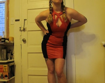 1990s Body Con Red and Black Leather Mini Dress sz S/M