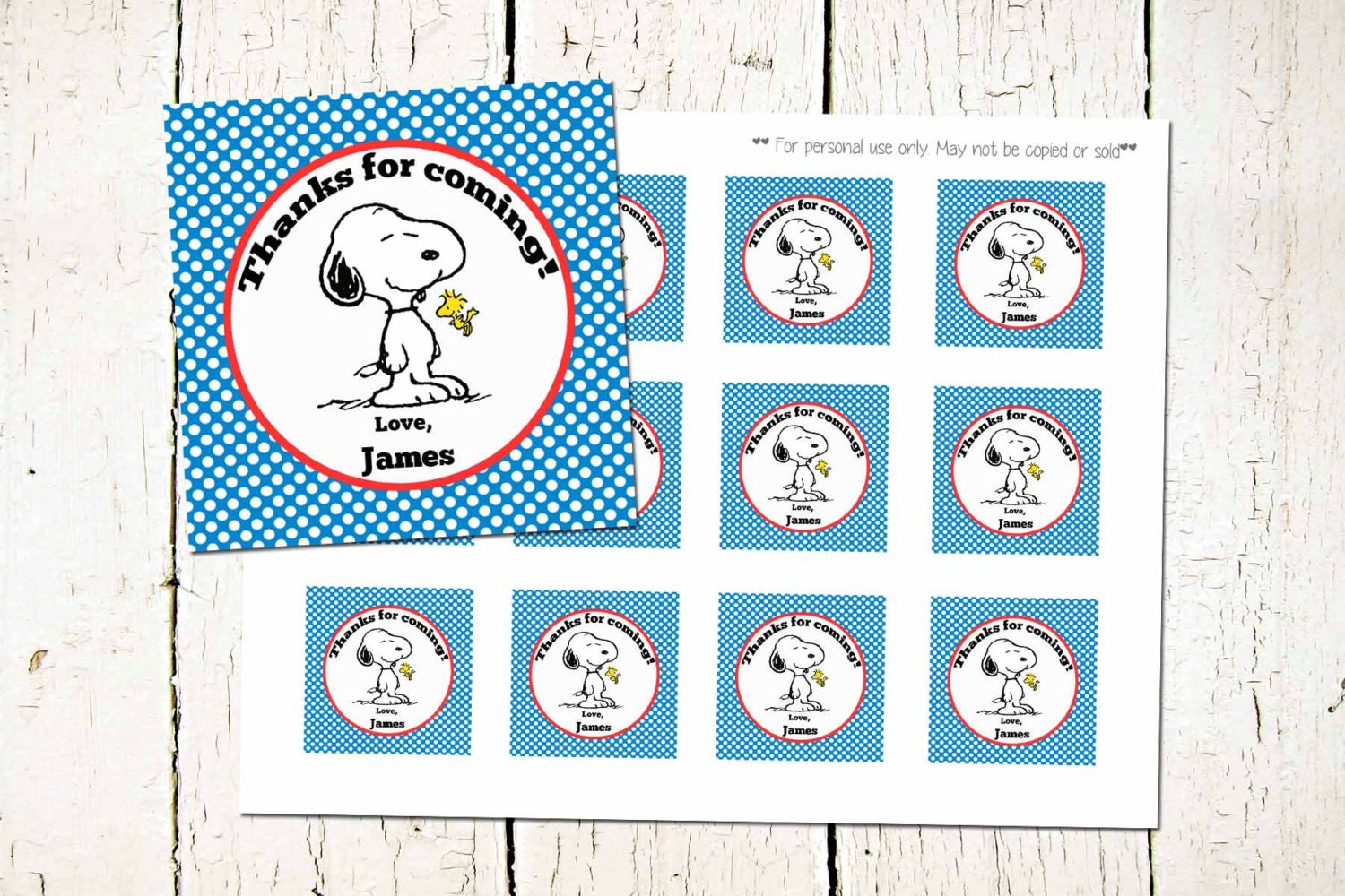 CUSTOM Snoopy Favor Tags Peanuts Thank You Labels Snoopy