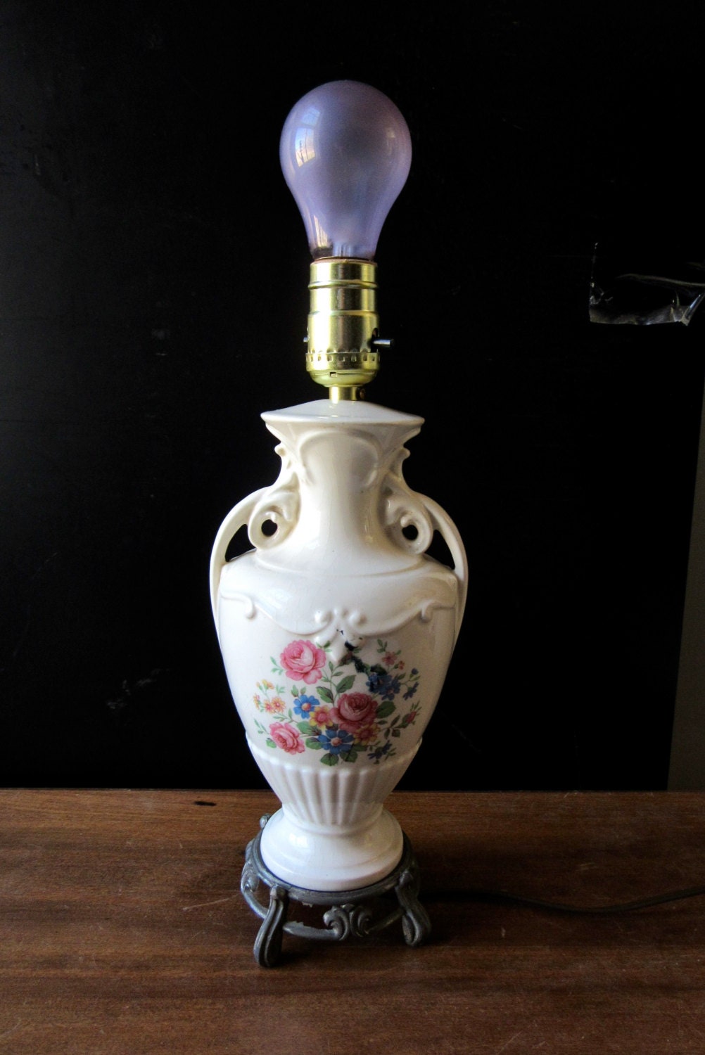 Ceramic Urn Lamp Floral Porcelain Lamp Metal Foot