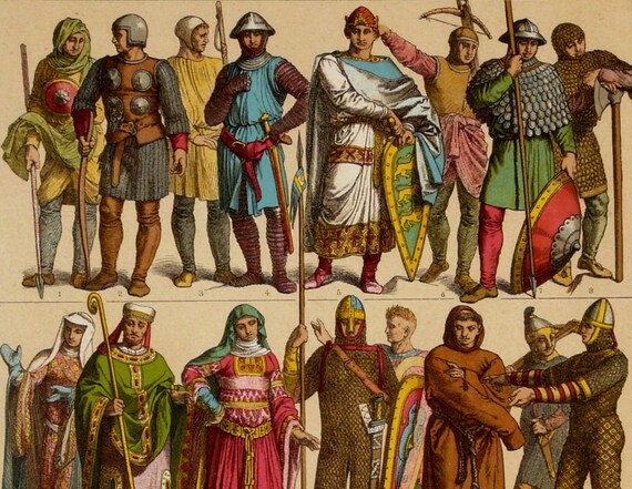 1888 Antique lithograph of NORMANS and ANGLO-SAXONS warriors