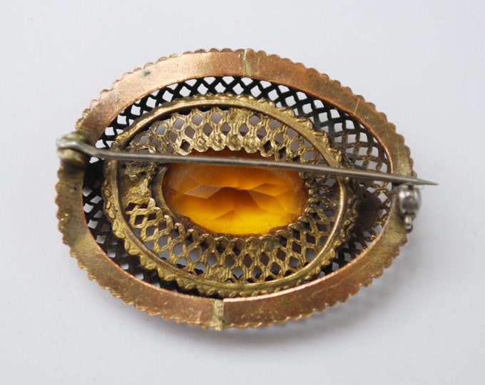 Czech Brooch - Gold Filigree Gilt Brass - Amber citrine Glass Pin