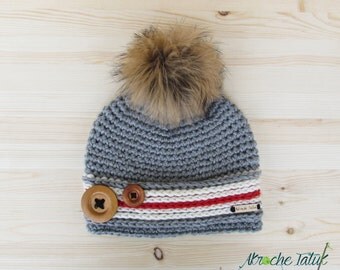 Alaska hat. Crochet hat yarn sock child adult gray red cream (made to order)