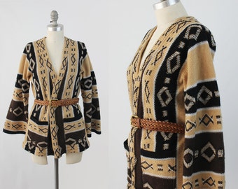 Vintage 70s Hippie Wrap Sweater - Southwestern Tan & Brown Boho Cardigan - Festival Bohemian Bell Sleeve Sweater Size Medium