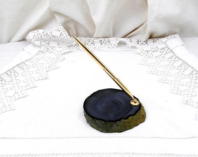 Vintage French Blue Veined Agate Onyx Nodule Stone Slab Pen Holder, Retro Mid Century Office Decor, Semi Precious Rock Desk Tidy,