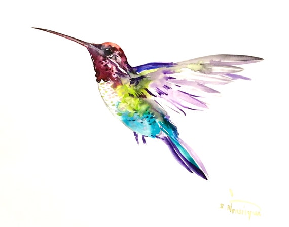 Hummingbird 14 X 11 in original minimalist watercolor art