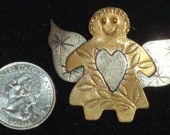 Angel Vintage Brooch SIGNED Sterling ROGGIO With Wings and Heart Center Holiday!