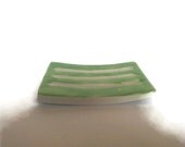 green soap dish, ceramic/ pottery. Handmade, rectangular clay soap drain. Soap saver