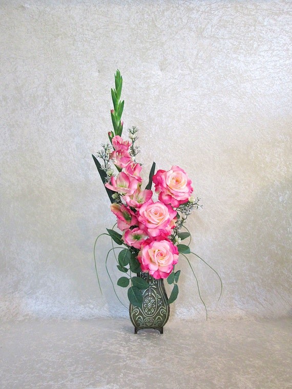 Silk Flower Arrangement with Tall Pink Gladiola and Roses in