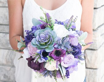 Lush Plum Purple Lilac Wedding Succulent, Anemones and Sprays Silk Flower Bride Fall Rustic Bouquet
