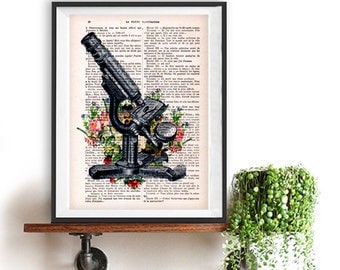 Antique microscope print,cimestry, laboratory, vintage science, flower print, wall art, vintage print on recycled paper, retro art