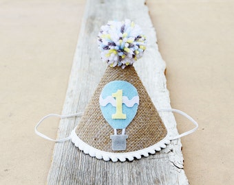 Boys 1st Birthday Burlap Hot Air Balloon Party Hat - Boys First Birthday Oh The Places You'll Go Party Hat