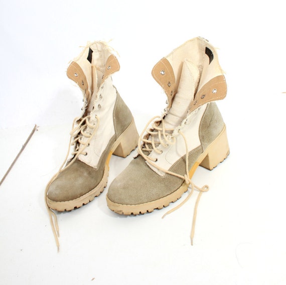 Vintage Beige White Canvas Lace Up Chunky Heel Boots Size EU38