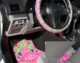 Preppy Lilly Inspired Flamingo Car Accessories MIX AND MATCH Car Mats Steering Wheel Cover & Seat Belt Covers Personalized Custom Monogram