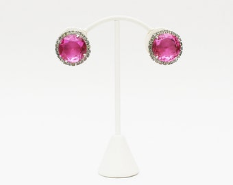 Pink Rhinestone Clip Earrings - Vintage 1950s Pink Stone Earrings