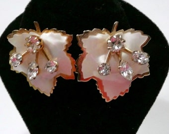 Kramer Vintage Leaf Rhinestone Clip On Earrings