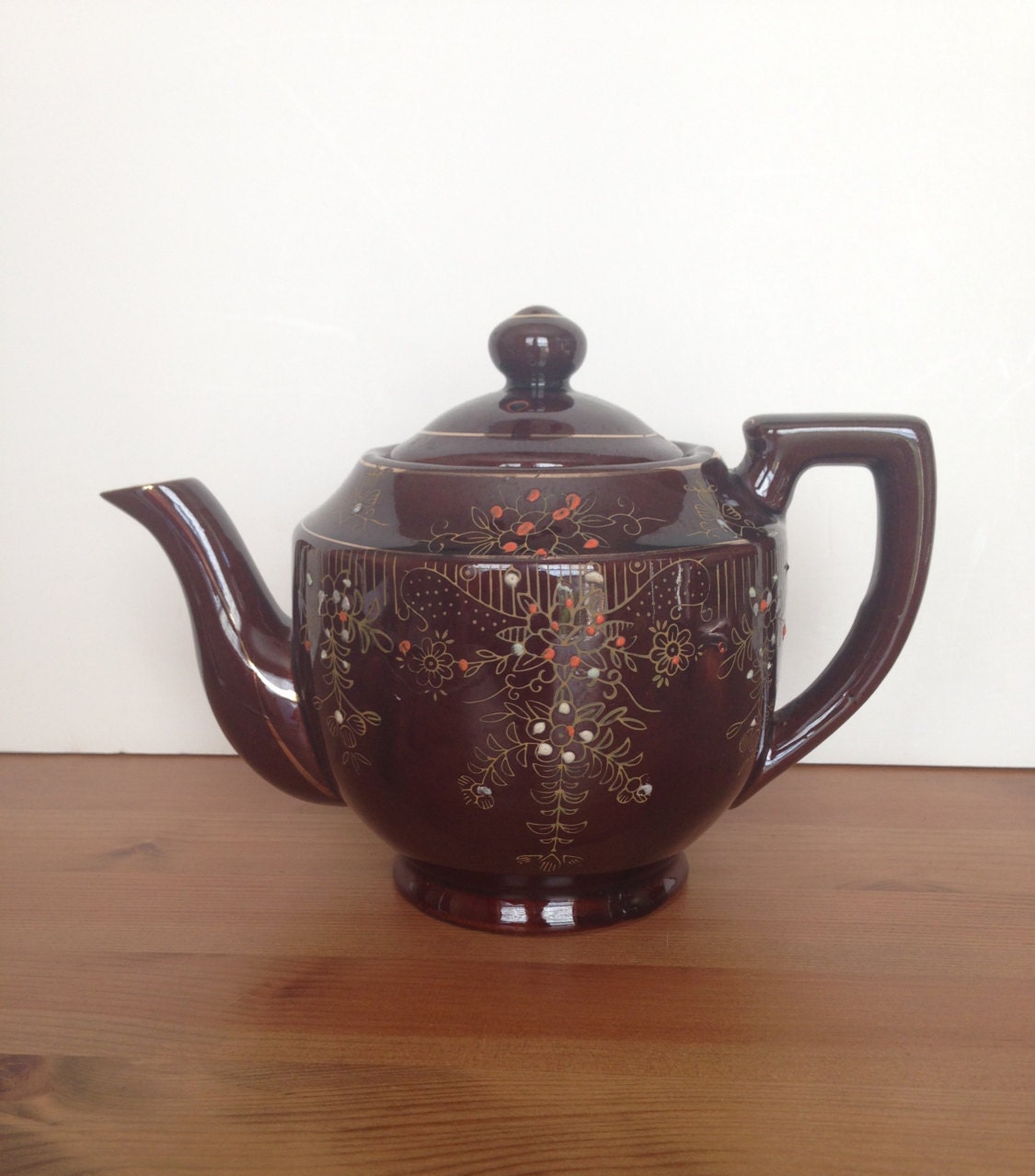 Vintage Japanese redware teapot clay tea pot hand painted