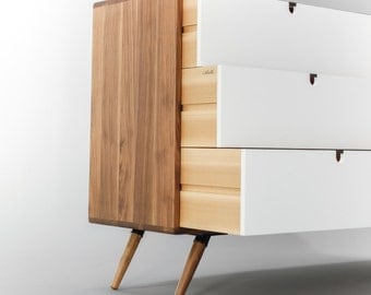Mid Century Dresser with 3 Drawer in White with Walnut Surround / frame