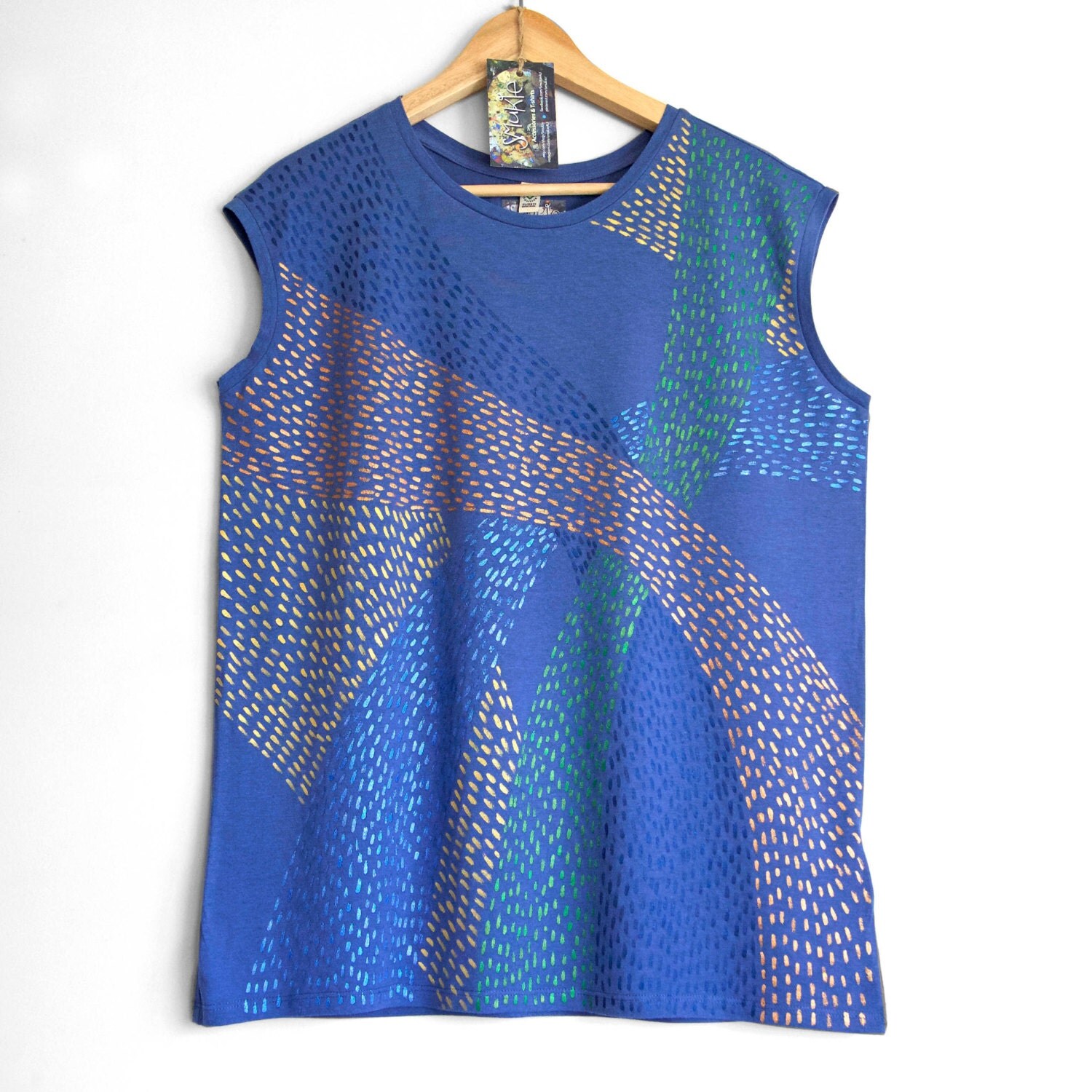 SHINY BLUE top. Blue Ladies sleeveless top with a shiny painted pattern ...
