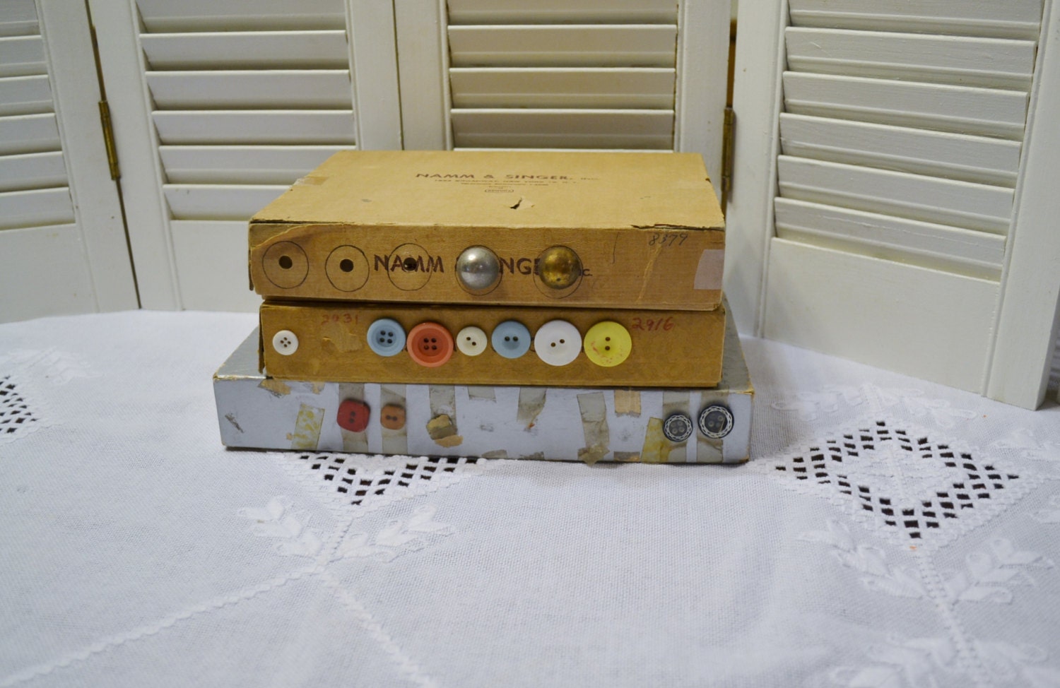 Vintage Button Box Set of 3 Cardboard Button Storage Store