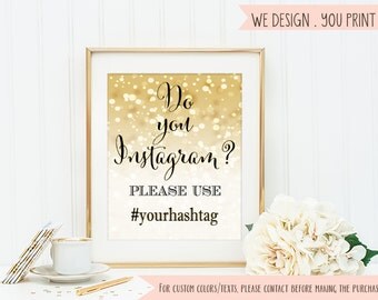 Gold Wedding Sign Hashtag sign printable gold bokeh hashtag sign Wedding Reception Decoration champagne gold glitter bookeh Digital jpg#14