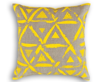 SALE, 50% discount, Yellow pillow cover, linen pillow cover, geometrical print, triangle print, standard size 16"X 16", sizes available.