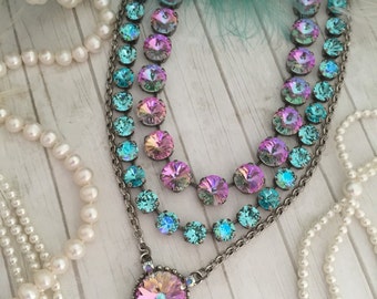 BIJOU. 18mm Large Single Stone, Solitaire Crystal Pendant Necklace. Purple, Lt. Vitrail, Custom Color Choice options available.