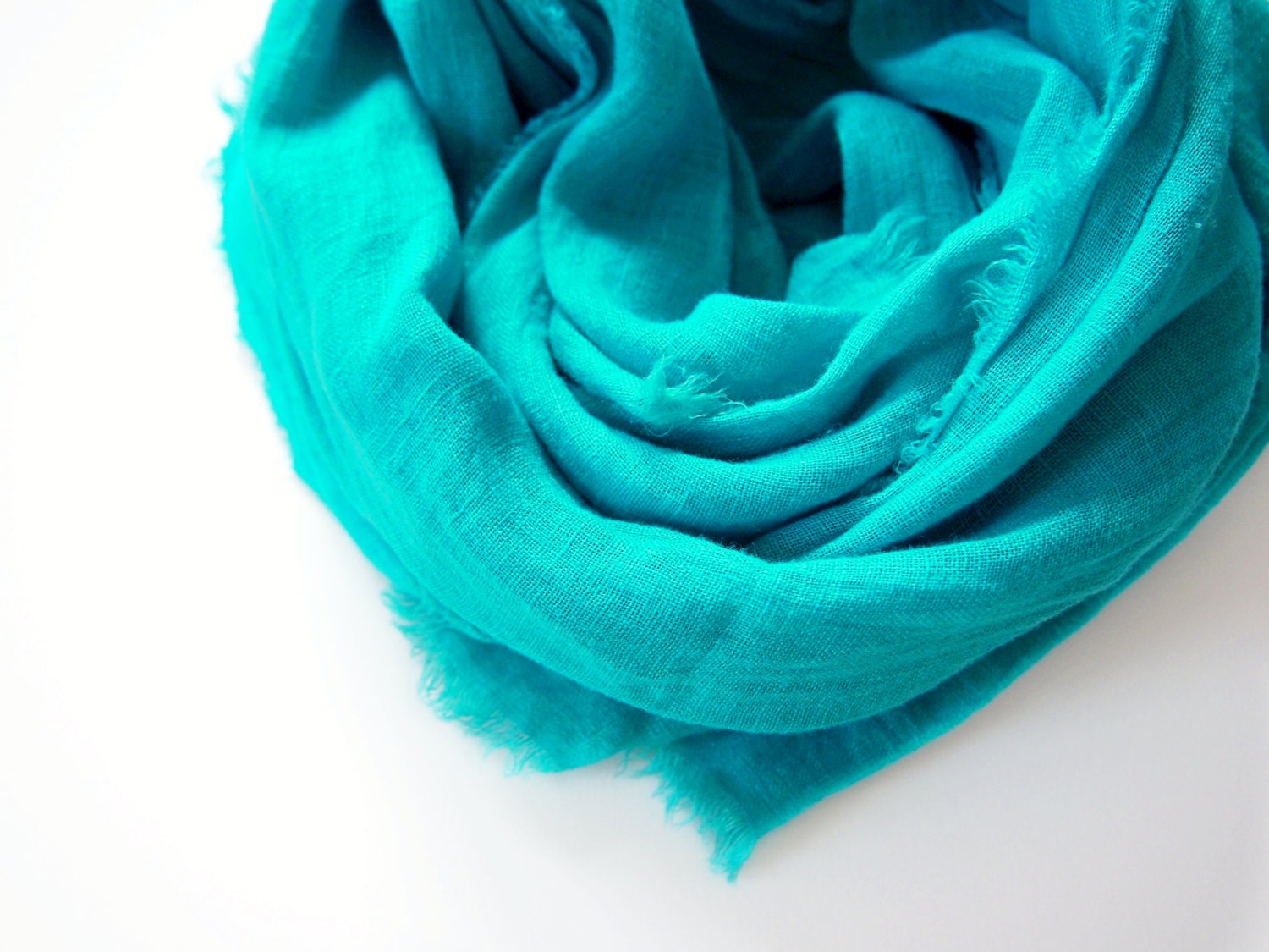 Turquoise Linen Scarf Hand Dyed USA Deep Aqua Blue Scarf