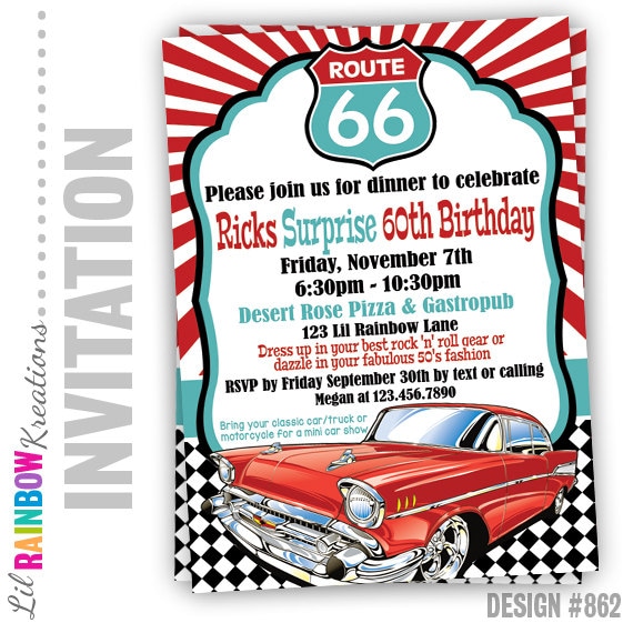 862: DIY Route 66 Party Invitation Or Thank You Card