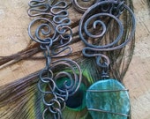 ANTIQUED Large Copper SPIRALS Chain ELEGANT Design Long Necklace Tear Drop Crackle Teal Swirl Glass Bead Pendant Wire Wrapped Charm