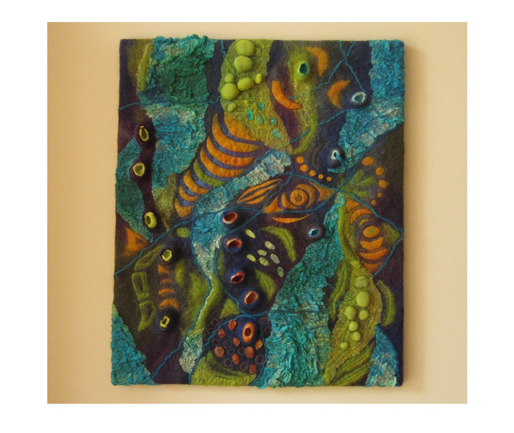Vibrant semiabstract textile wall art / tapestry