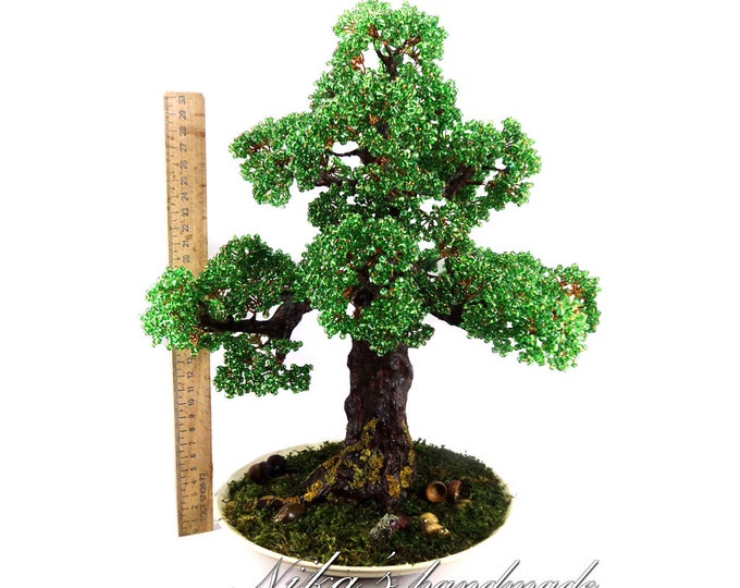 Beaded artificial wire oak tree - miniature tree - beaded autumn - bonsai tree - wire tree sculpture - woody plant - copper tree of life