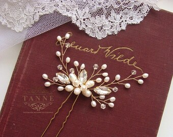 Pearl Bridal Hair Piece, Wedding Hair Pins, Pearl Hair Vines, Wedding Hair Accessory, Ivory Gold Pearl Hair Pin, Woodland Hair, Crystal Pins