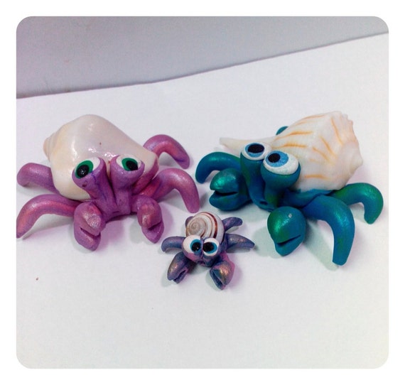 Cute Hermit Crab Family Trio Miniature Polymer Clay Sculpture