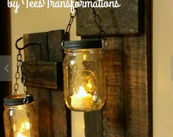 Rustic Candle Holder, Rustic Decor, sconces, Hanging candles, Mason Jar Decor, Mason Jar wood candle, On Sale 40.00 for a set