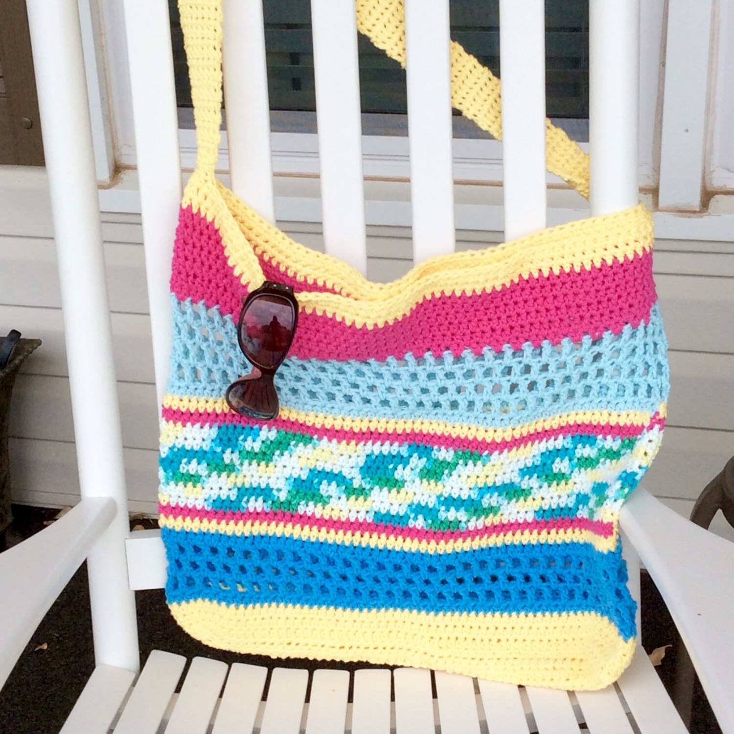 Colorful Crochet Cotton Beach Bag with Long Shoulder or Cross