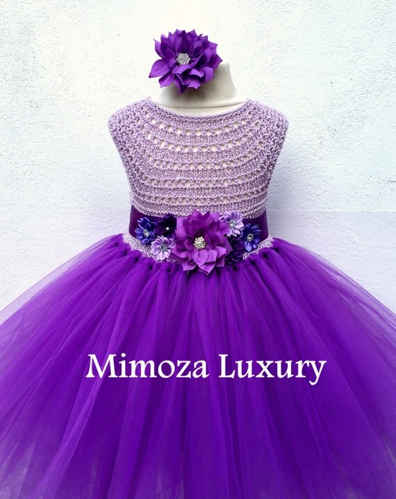 Purple Flower girl dress, purple tutu dress, bridesmaid dress, purple princess dress, crochet top tulle dress, hand knit top tutu dress
