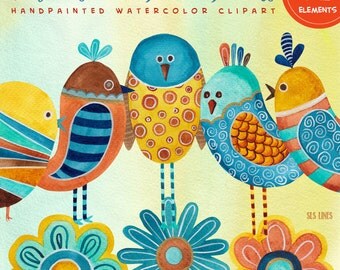 whimsical blue birds watercolor clipart, bird clip art brown yellow blue, folk art style graphic set PNG files by SLS Lines for DIY designs