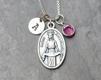 Saint St Anastasia of Sirmium Necklace -Personalized, Swarovski Crystal Birthstone Pearl -Patron Saint of Widows, Weavers, Martyrs