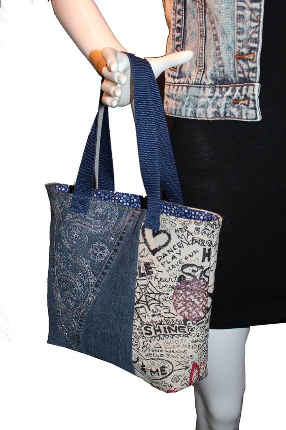 Repurposed denim tote bag Embellished Denim & Graffiti
