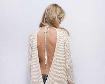 Open Back Knitted Sweater - Backless Sweater - Cotton Off the Shoulder Sweater - Boho Sweater - Woman Off Shoulder Sweater - ROY Sweater